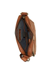 Bruine leren tas met een ritssluiting; de binnenkant heeft een grijze stofvoering en compartimenten voor organisatie. Gladde textuur, rechthoekige vorm.