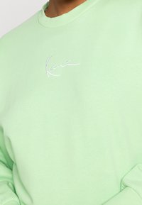 Světle zelená mikina s bílým vyšívaným kurzívním nápisem na hrudi a žebrovaným kulatým výstřihem a manžetami.