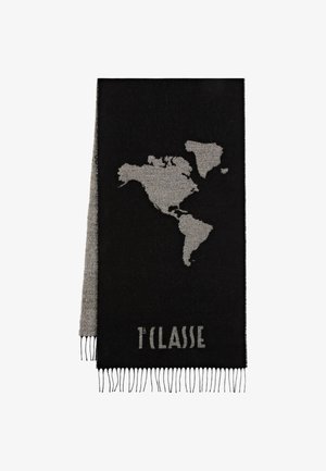 Sciarpa nera con design della mappa del mondo grigia e bordi frangiati, caratterizzata dal testo "T'Classe" nella parte inferiore, realizzata in tessuto testurizzato.