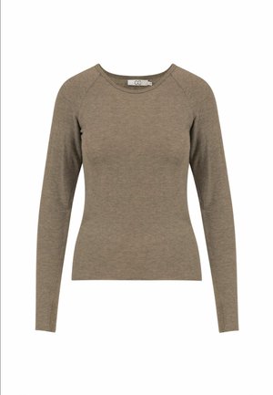 Brown long-sleeve shirt made of soft fabric. Features a round neck and raglan sleeves. Simple design with no patterns or hardware.