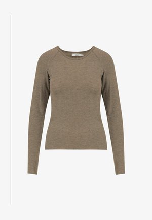 Brown long-sleeve shirt made of soft fabric. Features a round neck and raglan sleeves. Simple design with no patterns or hardware.