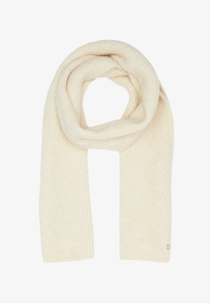 Écharpe de couleur crème en matériau tricot doux, présentant une texture côtelée et un petit logo brodé à une extrémité.