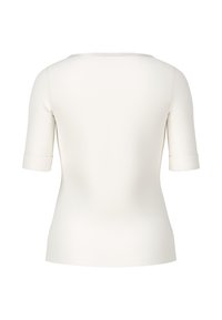 White half-sleeve fitted top with turned-up cuffs shown from the back on a plain background.
