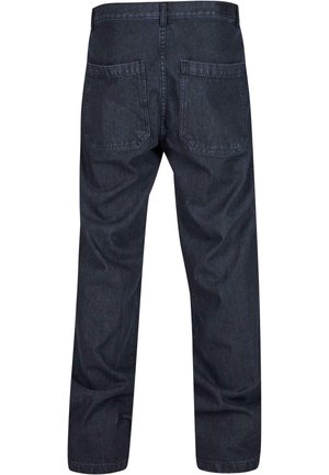 Sötét farmer nadrág egyenes szárú fazonban, két hátsó zsebbel és sima textúrával, minimális varrási részletekkel.