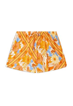 Shorts de bain fleuris en orange et jaune avec des accents bleus, dotés d'une taille avec cordon de serrage et d'un motif de grandes fleurs et de formes géométriques.