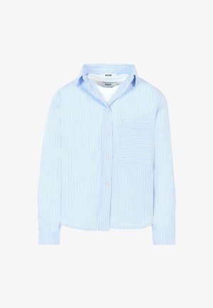 Niebieska i biała koszula w paski z długimi rękawami, z zapięciem na guziki z przodu, kieszenią na piersi z pionowymi paskami oraz klasycznym kołnierzykiem.