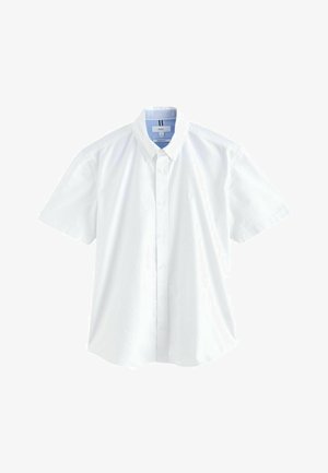 Cămașă albă cu mânecă scurtă, tip cămașă cu nasturi, confecționată din bumbac, având un guler clasic, plăcuța frontală și un logo discret pe piept.