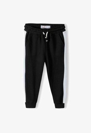 Pantaloni sportivi neri con strisce laterali bianche, vita elastica e cordino, dotati di due tasche laterali e polsini elastici alle caviglie.