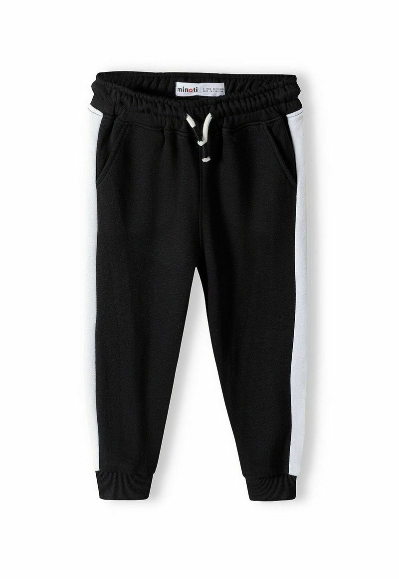 Zwarte sweatpants met witte zijsstrips, elastische tailleband en trekkoord, voorzien van twee zijzakken en elastische boorden op de enkels.