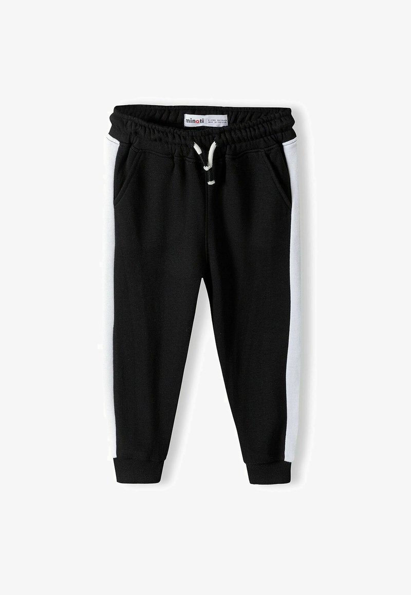 Melni sporta bikses ar baltām sānu svītrām, elastīgu jostu un auklu, divām sānu kabatām un elastīgām aprocēm pie potītēm.