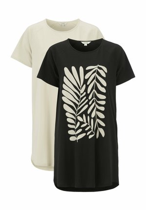 Två t-shirts: en krämfärgad med en enkel design, den andra svart med stora vita bladv grafik. Båda har korta ärmar och en avslappnad passform.
