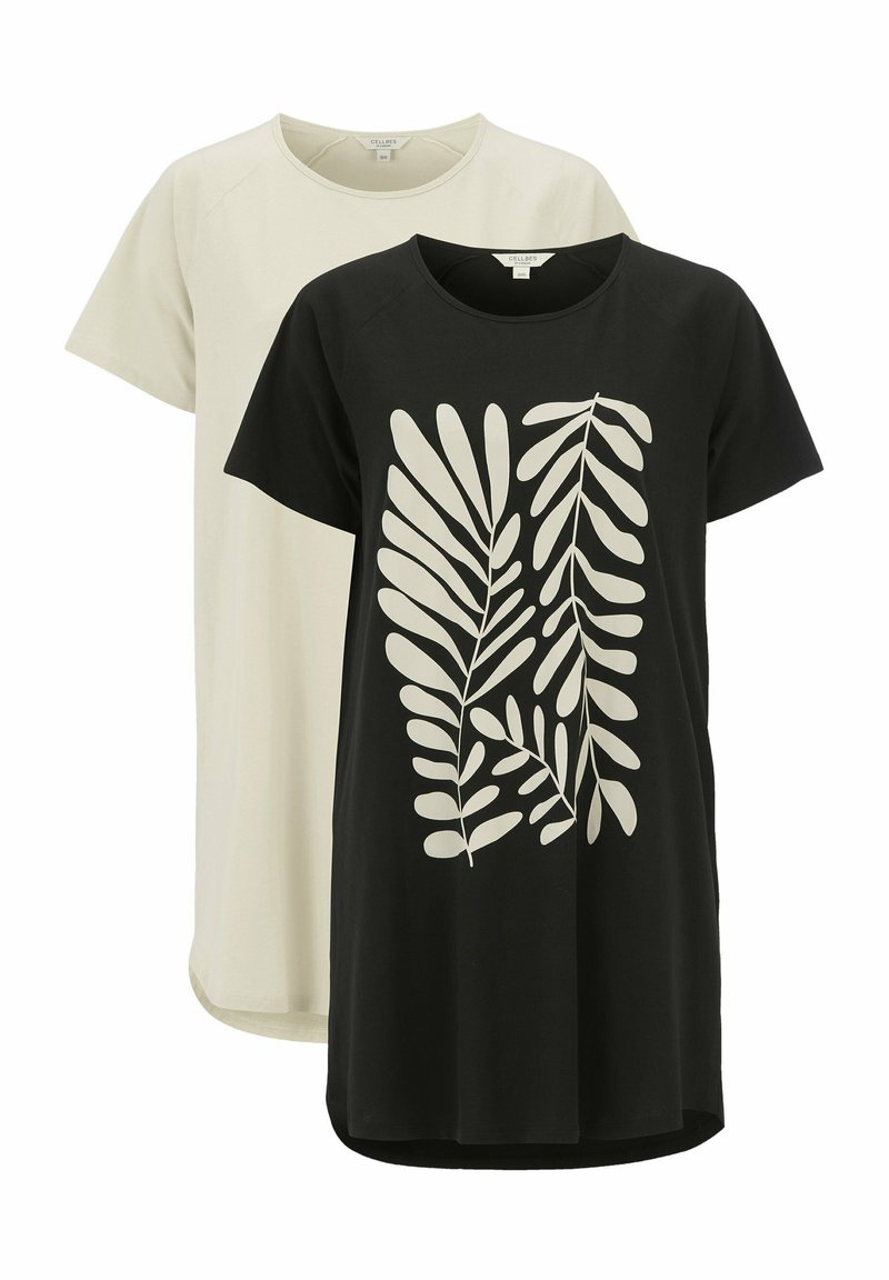 To t-shirts: en i creme med et simpelt design, den anden i sort med store hvide bladvigninger. Begge har korte ærmer og en afslappet pasform.