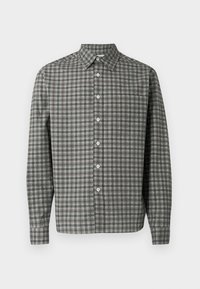 Camicia a quadri con bottoni in tonalità grigie e verdi. Tessuto di cotone con colletto strutturato, maniche lunghe e taschino sul petto.
