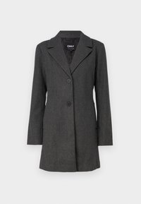 Grå kappa med skräddarsydd design, skarpa slag och två knappar. Har en mjuk textur och öppen fram. Elegant utseende för lager-på-lager.