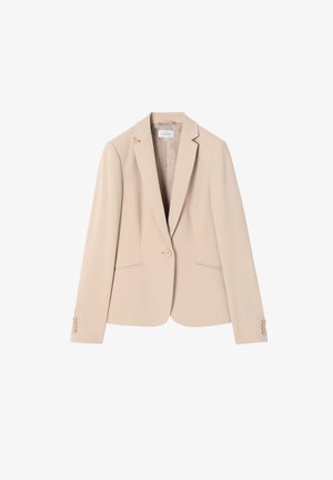 Beige räätälöity bleiseri, jossa on yksi nappisuljenta, notch-lapelit, kaksi etutaskua ja napitetut hihat, valmistettu sileästä tekstiilistä.