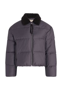 Donkergrijze cropped pufferjack met een ritssluiting aan de voorkant, uitgerust met een zwarte schapenvacht kraag en een Calvin Klein logo-label. Zachte, gewatteerde textuur.