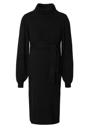 Schwarzes Strickkleid mit hohem Kragen, langen Puffärmeln und einem passenden Gürtel in der Taille. Figurbetonte Form, weicher Stoff, knielanger Saum.