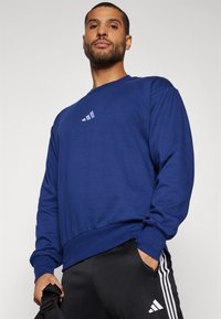 Mörkblå sweatshirt med lång ärm och ribbad nedkant. Har en liten vit logotyp på bröstet. Tillverkad av andningsbart, mjukt material.