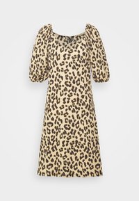 Hame leopardi printissä, jossa on lyhyet puffihihat, neliönmuotoinen pääntie ja polvitaipaleen pituinen muotoilu beige- ja mustassa värisävyssä.