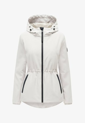 Biała kurtka z kapturem, czarnym zamkiem błyskawicznym, bocznymi kieszeniami wykończonymi czarną lamówką oraz elastycznym pasem, zaprojektowana na zimną pogodę.