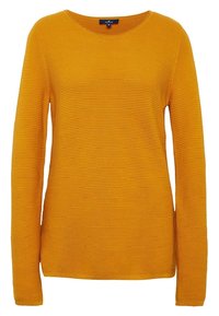 Långärmad ribbad tröja i senapsgul, med rund halsringning och ett strukturerat tyg med ett subtilt horisontellt mönster.