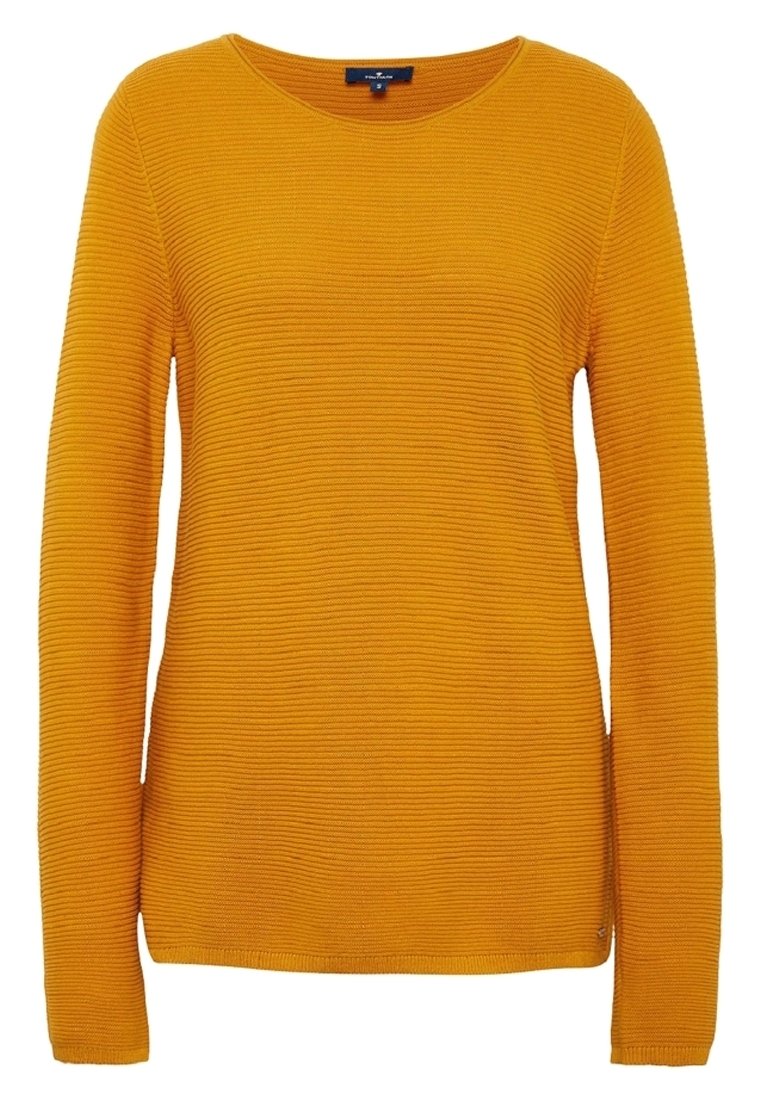 Långärmad ribbad tröja i senapsgul, med rund halsringning och ett strukturerat tyg med ett subtilt horisontellt mönster.