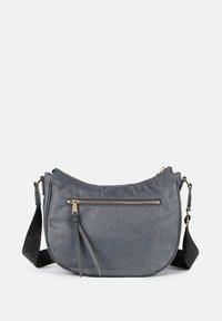 Borsa a tracolla grigia con motivo testurizzato e cerniera dorata. Dotata di una tracolla e un ulteriore tasca frontale. Forma compatta e rotonda.