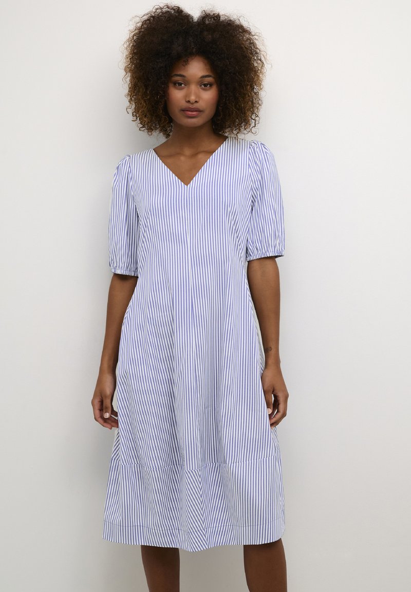 Blue and white striped dress with a V-neck, short puff sleeves, and a flared hemline, made from a light fabric with a smooth texture.