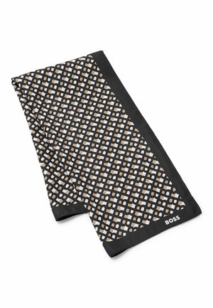 Écharpe noire pliée avec motif géométrique beige et blanc et logo "BOSS" imprimé en blanc dans le coin.