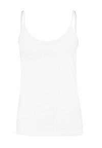 White cotton tank top with thin straps, round neckline, and a smooth texture. It features a simple and basic design without patterns.
