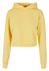 Cropped hoodie giallo realizzato in tessuto morbido con cappuccio, maniche lunghe e un dettaglio ricamato floreale sul petto.