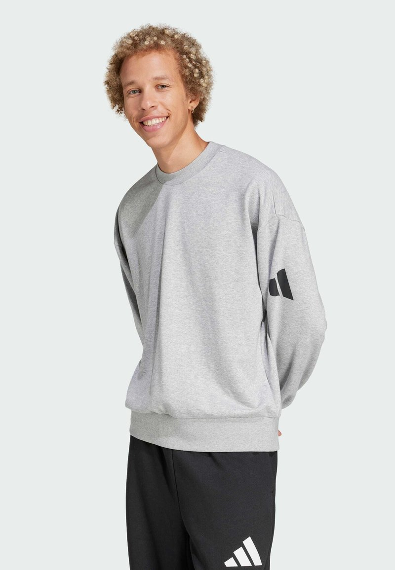 Sweat-shirt gris avec col rond, manches longues et coupe décontractée. Détail de logo noir sur la manche droite. Tissu doux et texturé.