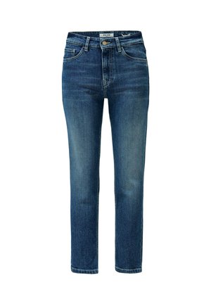 Jeans de mezclilla de pierna recta en azul, con bolsillos delanteros y traseros, cierre de botón y detalles de lavado deslavado.