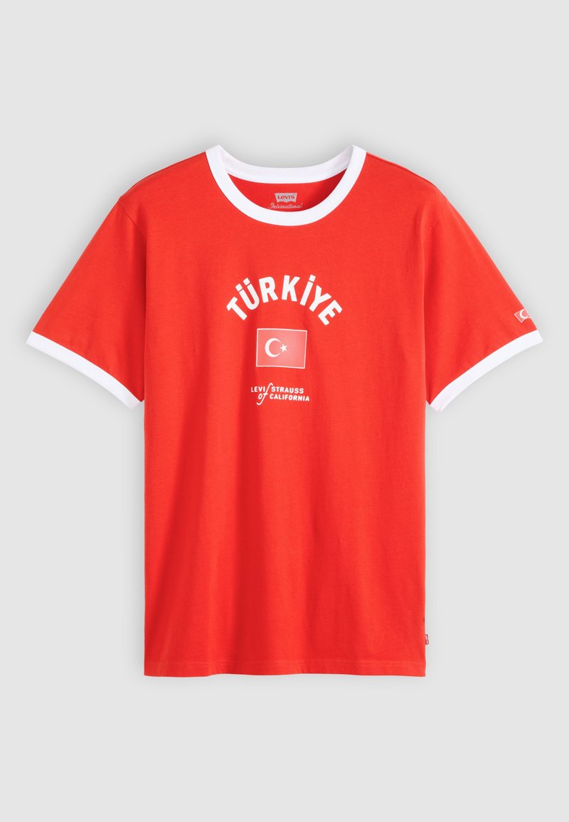 Red short-sleeve T-shirt with white trim, "TÜRKİYE" text, Turkish flag, and Levi Strauss of California logo on front.