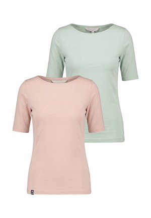 Kurzärmelige Damen-T-Shirts in Pastellrosa und Minzgrün, übereinandergelegt vor weißem Hintergrund dargestellt.