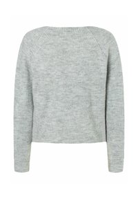 Pull en laine gris clair tricoté, à manches longues et col rond, vu de dos sur un fond blanc.