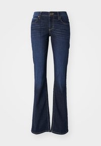 Dark blue flared jeans made of denim, featuring a zip fly, button closure, and contrasting yellow stitching along seams.