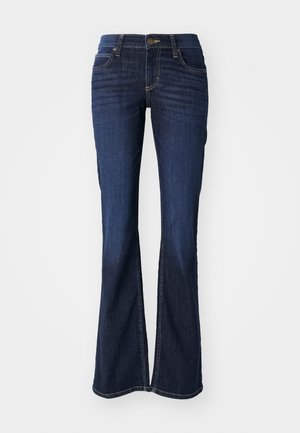 Tumedat sinised flared teksad, mis on valmistatud denimist, varustatud tõmbluku, nööbikinnituse ja kontrastsete kollaste õmblustega.