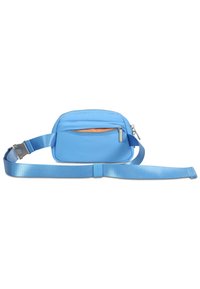 Modrá nylonová crossbody taška so zipsovým predným vreckom, nastaviteľným popruhom a hladkým povrchom. Obsahuje kovový zips.