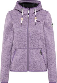 Fialová mikina na zip s texturovanou tkaninou, kapucí na stahování, dvoma předními kapsami a nášivkou s logem na rukávu. Akcenty v tmavší fialové.