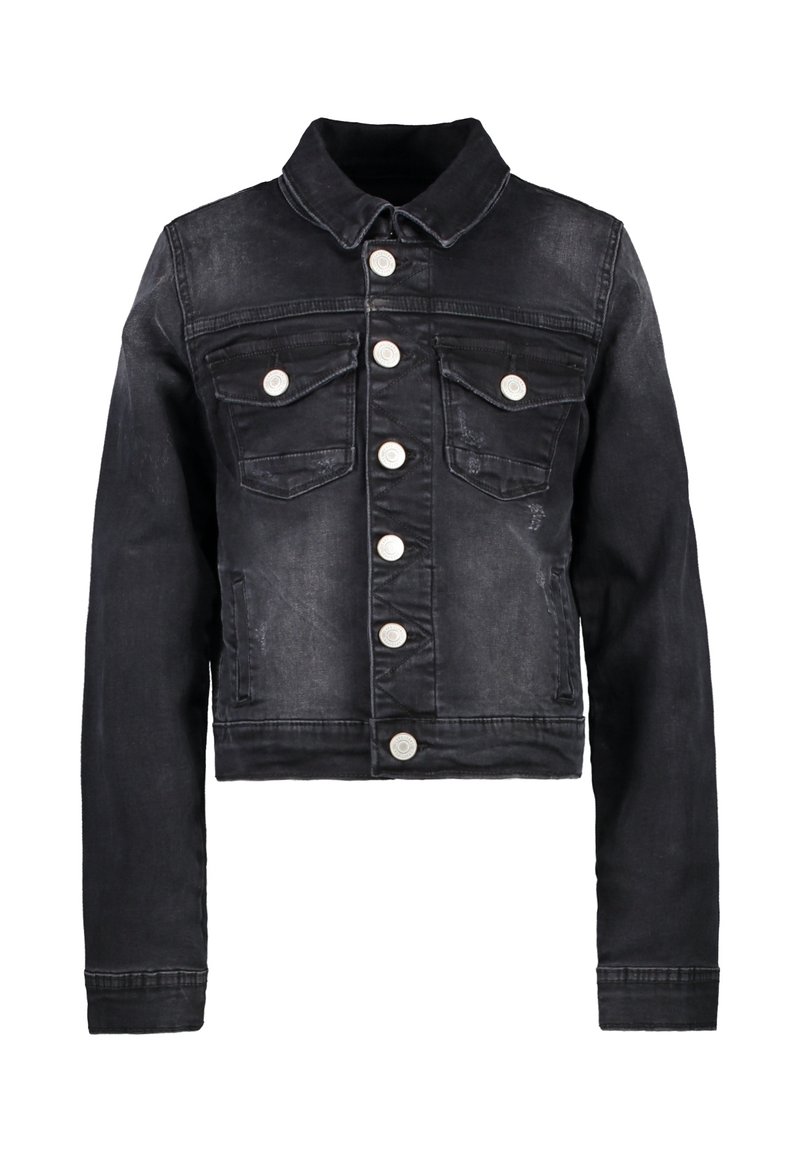 Černá džínová bunda se zkráceným střihem, zapínáním na knoflíky, dvěma náprsními kapsami, stříbrnými knoflíky a klasickým límcem. Po celém povrchu má opotřebovaný vzhled.