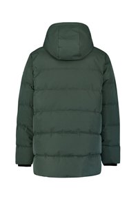 Groene pufferjack met capuchon, voorzien van horizontale stiksels, stevige vulling en zwarte manchetten. Achteraanzicht, gladde textuur, geen zichtbare hardware.