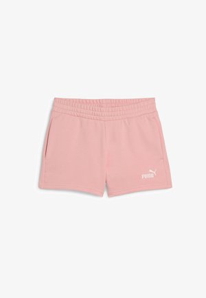 Světle růžové bavlněné šortky s elastickým pasem, bočními kapsami a bílým logem Puma v dolním pravém rohu.