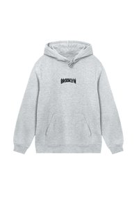 Gray hooded sweatshirt with a front pocket, featuring a black "BROOKLYN" graphic on the chest, made of soft fabric with a textured finish.