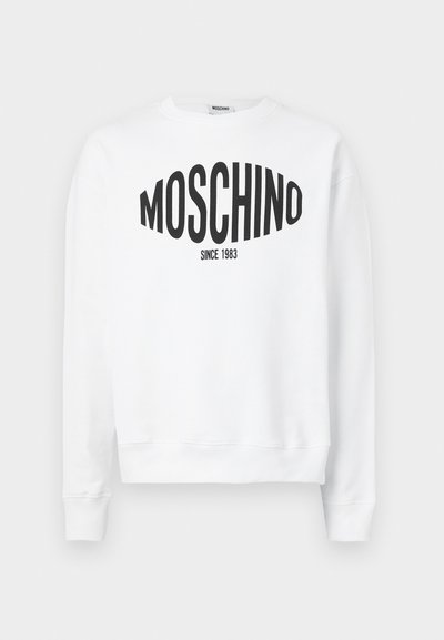 Weißes Sweatshirt mit einem schwarzen "Moschino"-Logo und dem Text "SINCE 1983", langen Ärmeln und rundem Ausschnitt. Weiches Baumwollmaterial.