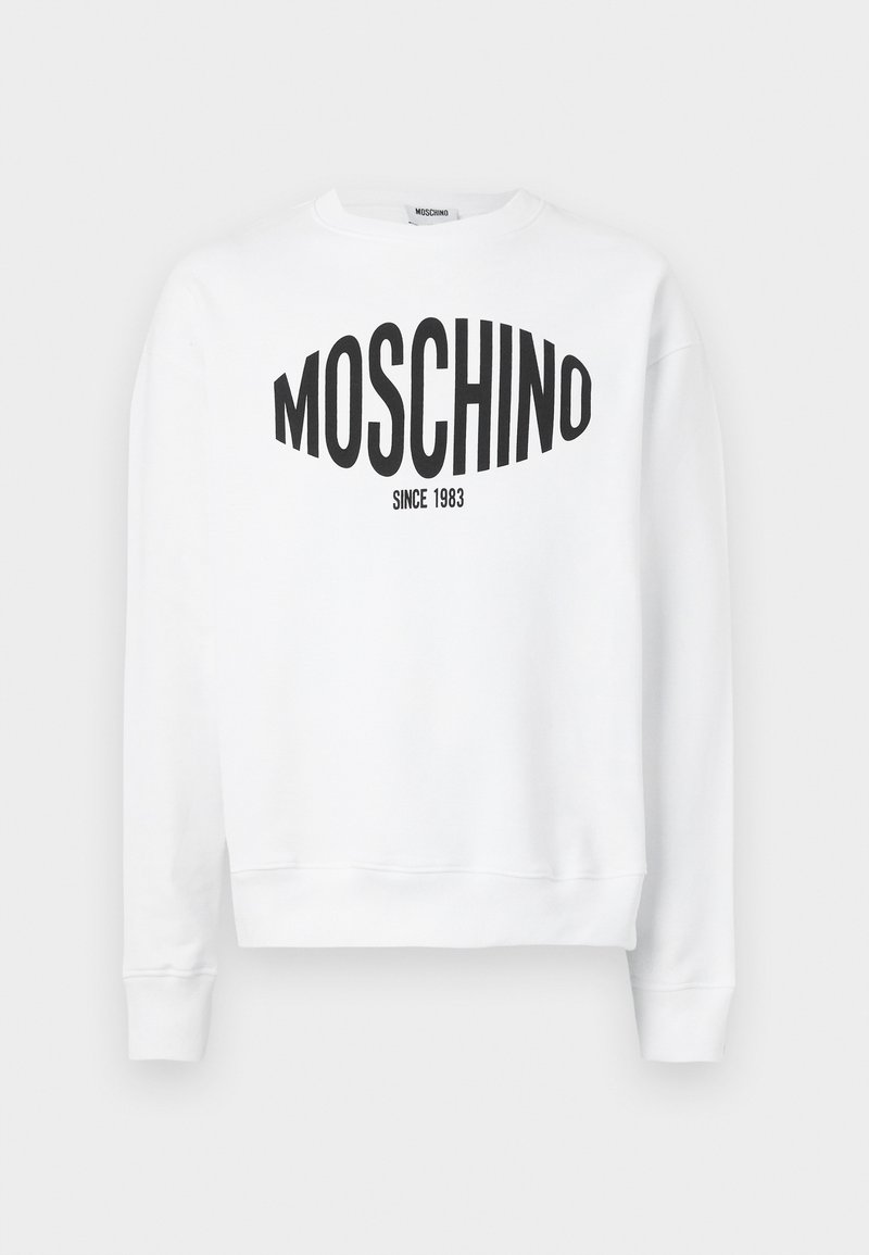 Sweat-shirt blanc avec un logo noir "Moschino" accompagné du texte "SINCE 1983", manches longues et col rond. En coton doux.