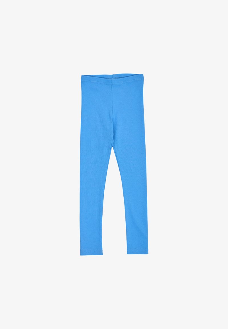 Leggings pour enfants en tissu extensible bleu vif avec une ceinture élastique simple, présentés à plat sur fond blanc.
