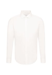 Chemise blanche pour homme à manches longues avec col pointu et poignets boutonnés, patte de boutonnage dissimulée sous un panneau avant épuré.