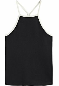 Haut sans manches noir à col halter avec de fines bretelles blanches et un bord blanc autour de l'encolure et des emmanchures.