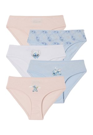 Fünf Paar Kinder-Slips in Pastellfarben mit Stitch-Charakterdesigns und Mondmustern, angeordnet in zwei sich überlappenden Reihen.